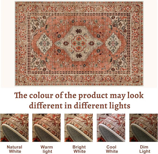 Boho Small Area Rug, 2x3 Washable Rug for Entryway, Vintage Throw Rug Oriental Non Slip Indoor Front Door, Distressed Terracotta Door Mat Carpet, Soft Low Pile Rugs for Entrance Kitchen Bedroom
