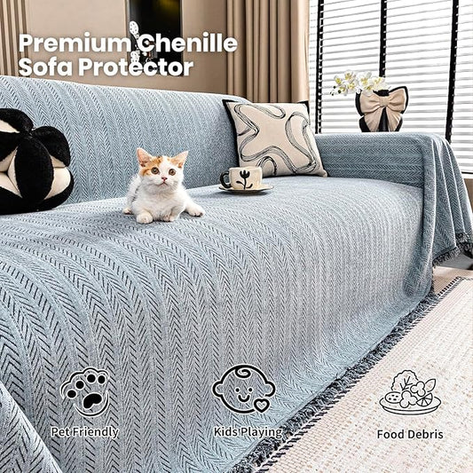 Nobildonna Sofa Cover Washable Soft Thicken Chenille Couch Cover with Tassel,Waterproof Sofa Slipcover for 3-4 Cushion Couch,Sectional Sofa,L-Shaped Furniture Protector Pet-Friendly,Dusty Blue71 x134