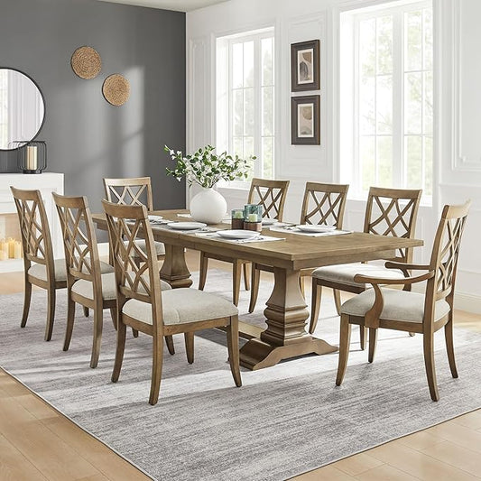 KEIKI Retro 7-Piece Wooden Dining Table Set for 6 Person, Vintage Table Set with Extendable Rectangular MDF Wood Grain Table and 6 Upholstered Chair, Easy Assembly, for Kitchen, Dining Room, White Oak