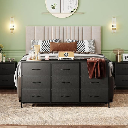 WLIVE 54''W Dresser for Bedroom, Black Dresser TV Stand for 55, 60, 65 inch TV, Wide Chest of Drawers with 9 Drawer, Large Entertainment Center, Fabric Dressers with Wood Top for Closet, Living Room