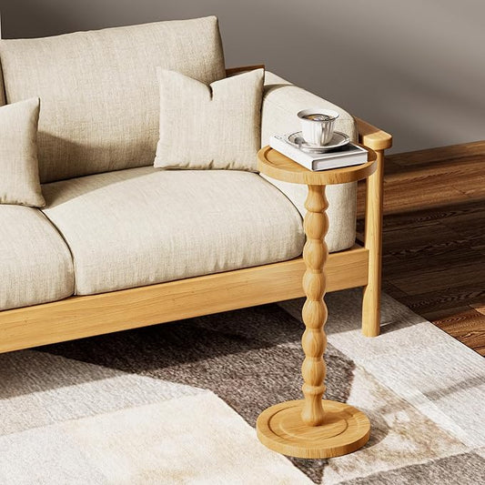 Solid Wood Drink Table, Rubber Wood Small Round Side Table for Small Spaces, Martini Tables, Pedestal End Tables for Living Room, Bedroom, Corners, and Office (Natural, 9.4 inch)