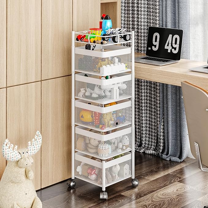 Fruit Basket for Kitchen No Assembly,Rotating Kitchen Storage Rack,Bathroom Shelf, Organizers and Storage Cart on Rolling Wheels,Potato and Onion Storage Organizer(White, 5 Tier-Square)