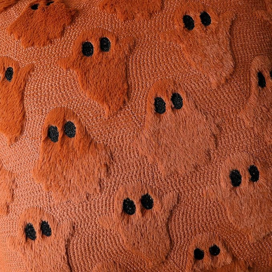 4TH Emotion Halloween Ghost Decorative Lumbar Pillow Covers 12x20 Set of 2, Rust Red Soft Plush Faux Fur Farmhouse Throw Cushion Cases for Fall Autumn Holiday Home Decorations