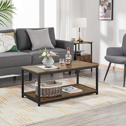 Yaheetech 2-Tier Coffee Table, Industrial Wood Coffee Table with Storage Shelf for Living Room, Rectangle Side End Table with Metal Frame, Rustic Brown