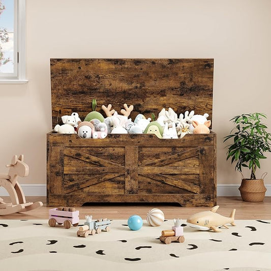 GarveeHome 39.4" Storage Chest, Toy Chest With Lids, Entryway Storage Bench with Safety Hinge, Wooden Storage Trunk, Supports 350 Lb, for Living Room, Bedroom, Rustic Brown