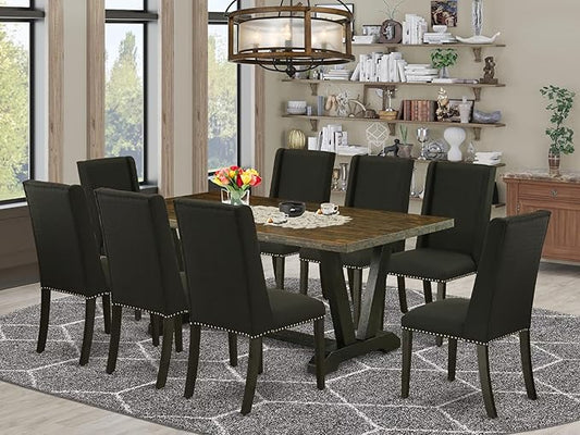 East West Furniture V677FL624-9 9 Piece Kitchen Table Set Includes a Rectangle Dining Table with V-Legs and 8 Black Linen Fabric Parsons Dining Chairs, 40x72 Inch, Multi-Color