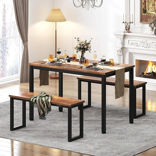 soges 39.4 in Kitchen Table Set with 2 Benches, Dining Table Set for 4, 3 Piece Wooden Industrial Style Dining Room Table and Long Benches, Breakfast Table Coffee Table Set, Retro