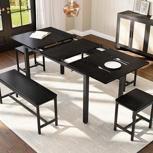 Garvee 5 PCs Extendable Dining Table Set for 4-8 People, 63 Inch Kitchen Table with 2 Benches & 2 Stools, Modern Dining Room Furniture, Easy Assembly Metal Frame