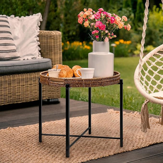 Brown Small Round End Table, 19in Rattan End Tables, Wicker Rattan Side Table, Round Sofa Side Table, Indoor Outdoor Side Tables for Patio, Living Room Bedroom Office
