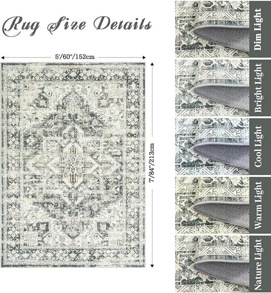 zesthome 5x7 Washable Rug-Stain Resistant Area Rugs for Living Room, Ultra-Thin Vintage Rugs, Non-Slip Backing Rug, Low Pile Large Area Rug, Boho Home Decor