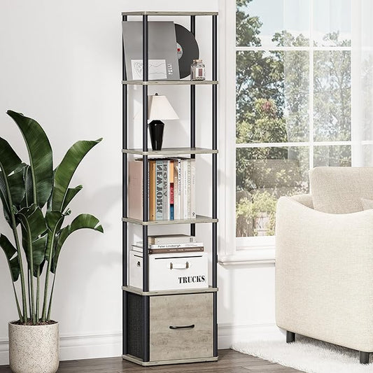 6-Tier Bookshelf with Drawer, Narrow Bookshelves Organizer, Floor Standing Ladder Shelf,Tall Bookcase for Small Space, Book shelf with Storage for Living Room, Bedroom, Office, Study Light Oak HBC505Z