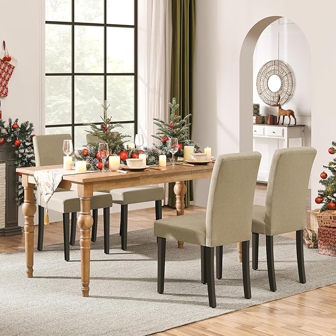 Yaheetech Dining Chairs Set of 6 Fabric Upholstered Parson Kitchen Chairs with Padded Seat and Solid Wood Legs for Dining Room/Restaurant, Khaki