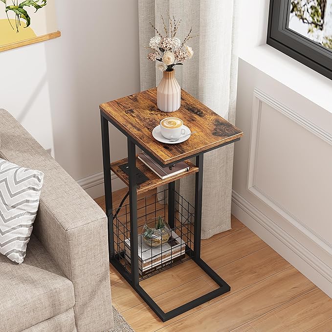 Vagusicc C Shaped End Table with Charging Station, Side Table for Couch, Small Side End Table for Small Spaces, 28" High Slide Under Sofa Table for Coffee, Tv Tray Table for Living Room, Rustic Brown