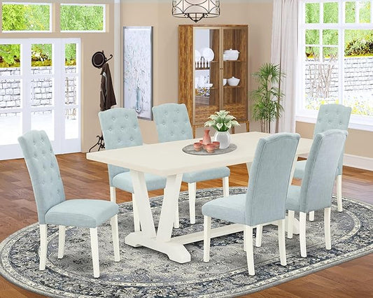 East West Furniture V027CE215-7 7 Piece Dining Room Table Set Consist of a Rectangle Kitchen Table with V-Legs and 6 Baby Blue Linen Fabric Parsons Dining Chairs, 40x72 Inch, Multi-Color