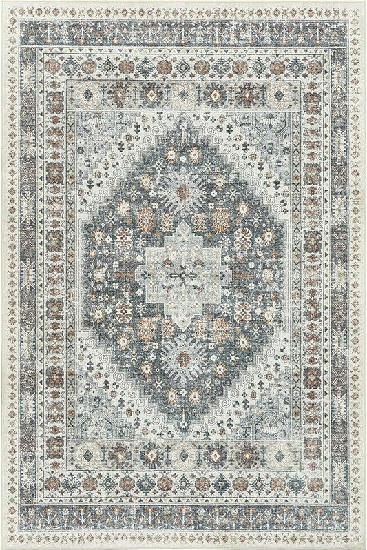 zesthome 5x7 Area Rugs - Ultra-Thin Washble Rug, Stain Resistant Anti Slip Backing Rugs for Living Room,Bedroom, Vintage Home Decor Area Rug (Grey/Orange,5'x7')