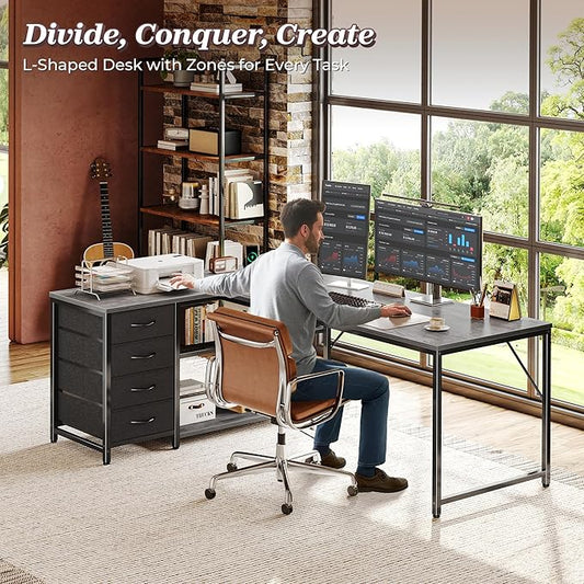 PRAISUN 61" L Shaped Desk with Power Outlets and USB-C Port, Reversible Computer Corner Office Desk with 4 Fabric Drawers and 2 Height-Adjustable Shelves, Large for Gaming Writing Work Study, Grey