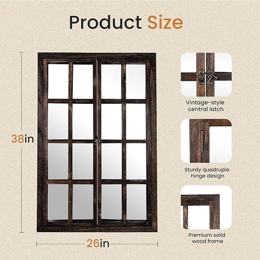 Wall Mirror with Window Design, 38"x26" Rustic Farmhouse Wood Mirror for Wall Decor, Decorative Vintage Mirror for Living Room, Bedroom, Entryway