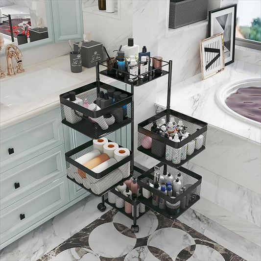 Fruit and Vegetable Basket for Kitchen No Assembly, Rotating Storage Rack,Bathroom Storage Shelf, Kitchen Organizers and Storage Cart on Rolling Wheels(Black, 5 Tier-Square)