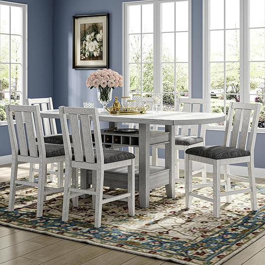 Solid Wood Dining Table Set for 6, Modern Breakfast Dinette Expandable Drop Leaf Kitchen Table with Chairs for Dining Room, Kitchen, Grey