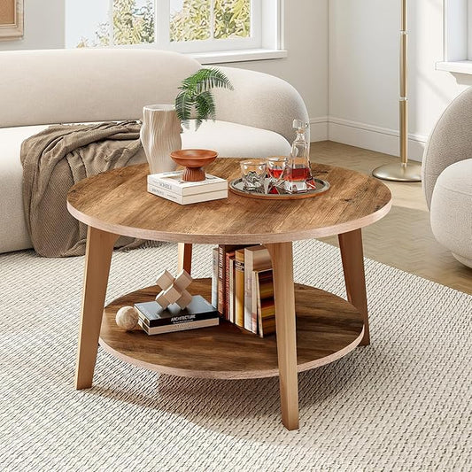 Sweetcrispy Round Coffee Table, 32'' Wood Coffee Tables for Living Room with Storage, 2-Tier Center Circle Counter with Wooded Desktop, 50 lbs Capacity, Anti-Slip Feet, Modern Farmhouse Design, Brown