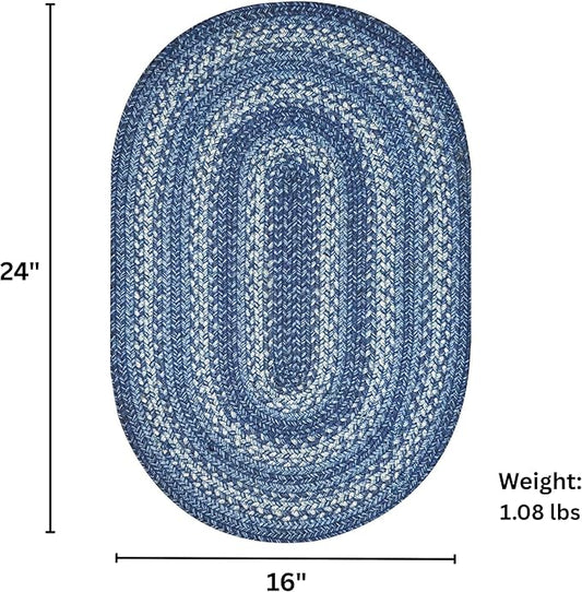 Denim Blue Jute Braided Oval Rugs, 16x24 - Country Style Coastal Decor, Perfect for Laundry Rooms, Bathrooms and Entryways - Durable and Easy to Clean
