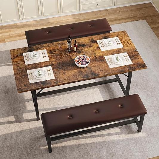 GarveeHome Dining Table Set for 4-6, 63" Extendable Wood Dining Room Table with Corner Protector & 2 Upholstered Benches, Kitchen Table Set for Apartment, Small Space, Easy Assembly, Retro Brown