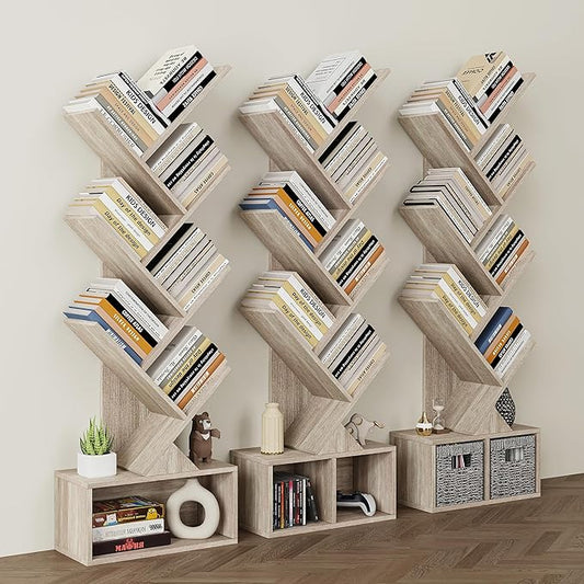 Vagusicc 6 Tier Tree Bookshelf, Small Bookcase with Storage Cabinet, Modern Tall Narrow Bookshelves Organizer, Floor Standing Book Shelf for Bedroom/Living Room/Home Office/Corner, Rustic Greige