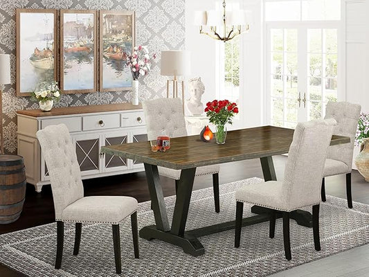 East West Furniture V677EL635-5 5 Piece Modern Dining Table Set Includes a Rectangle Wooden Table with V-Legs and 4 Doeskin Linen Fabric Upholstered Chairs, 40x72 Inch, Multi-Color