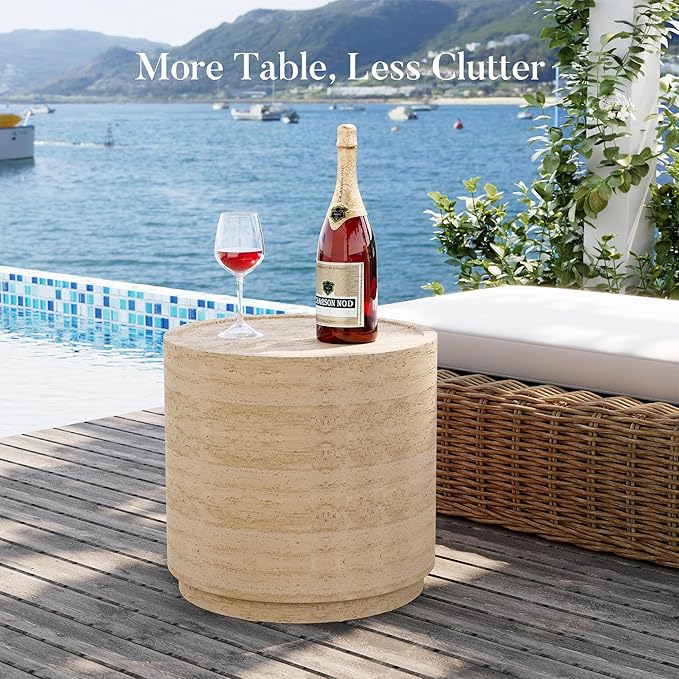 COSIEST 14.4" Outdoor Side Table, Round Concrete End Table for Patio Small Outdoor Coffe Tables, Garden Stool Accent Table for Livingroom, Porch, Deck, Balcony & Beach,Sandy Yellow