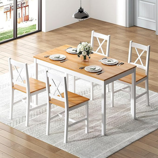 sogesfurniture Dining Table Set for 4,Dinette Set for 4 Small Space,5 Pieces Dining Table for Kitchen, Dining Room 47.5'', Pine Wood,Oak&White