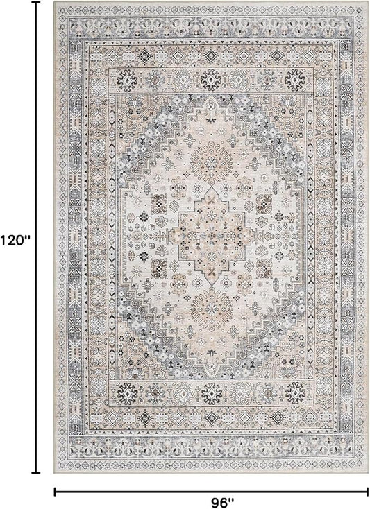 zesthome 8x10 Area Rugs for Living Room,Non-Slip Backing Washable Rugs,Vintage Large Area Rug,Stain Resistant Home Decor Rug (Beige,8'x10')