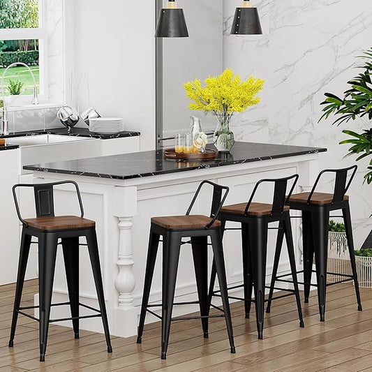 Yongchuang 26 inch Bar Stools Set of 4 Kitchen Counter Height Barstools with Wood Seat Metal Low Back Bar Chairs Matte Black