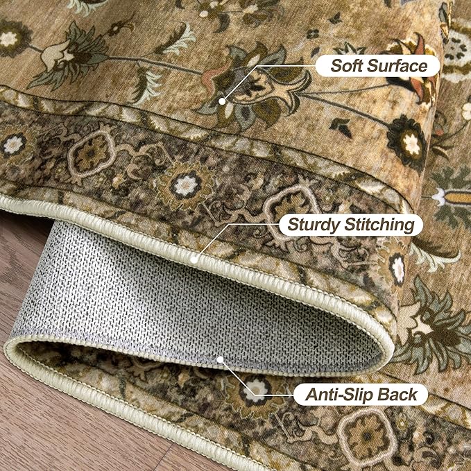 Tangsoo Vintage Floral Rug 2x3 Washable Rugs for Entryway, Small Area Rug, Non-Slip for Front Door, Brown Accent Rug Doormat, Soft Low Pile for Indoor Entrance Kitchen Bedroom