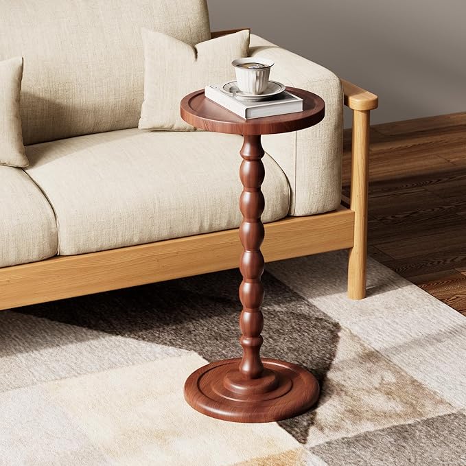 Solid Wood Drink Table, Rubber Wood Small Round Side Table for Small Spaces, Martini Tables, Pedestal End Tables for Living Room, Bedroom, Corners, and Office (Light Walnut, 11.81inch)