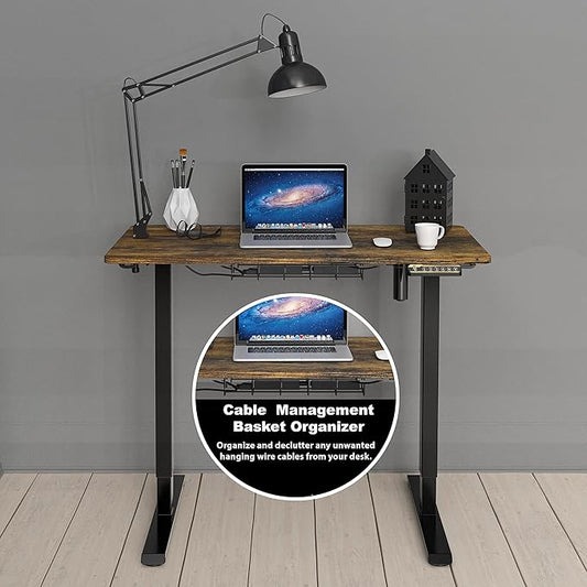 SHW 40 x 22 Inches Electric Height Adjustable Sit to Stand Desk with Hanging Hooks and Cable Management, Black Frame and Rustic Brown Top