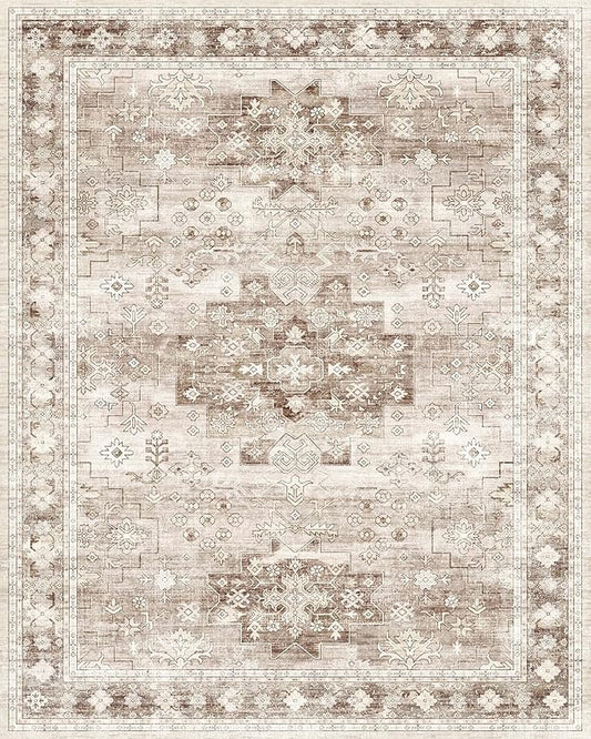 Washable Farmhouse Living Room Rug, 8x10 Area Rugs for Bedroom, Dining Room Under Table Carpet, Kids Room, Large Boho Vintage Non-Slip Floral Rugs Low Pile Stain Resistant (8x10 Beige/Latte)