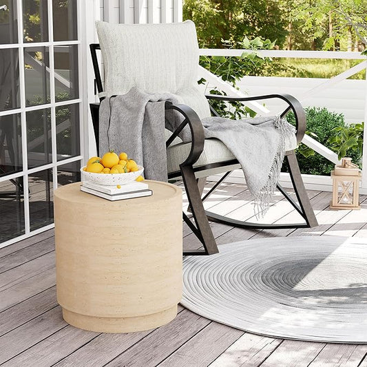 COSIEST 14.4" Outdoor Side Table, Round Concrete End Table for Patio Small Outdoor Coffe Tables, Garden Stool Accent Table for Livingroom, Porch, Deck, Balcony & Beach,Sandy Yellow