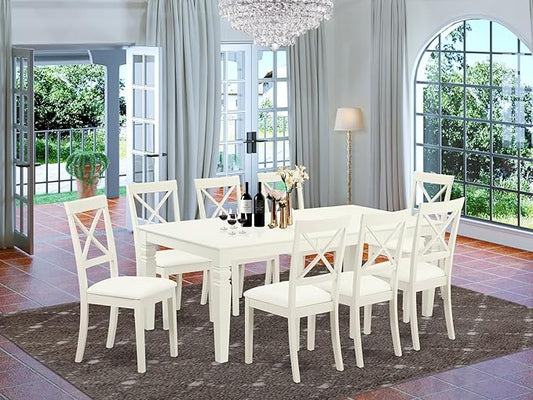 East West Furniture LGBO9-LWH-LC 9 Piece Kitchen Table Set Includes a Rectangle Dining Table with Butterfly Leaf and 8 Faux Leather Dining Room Chairs, 42x84 Inch, Linen White