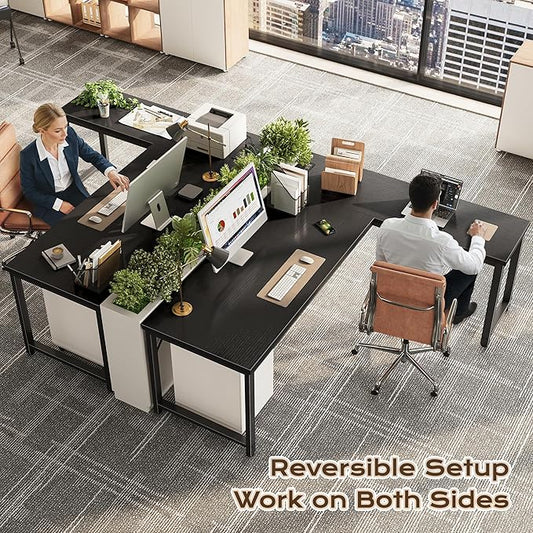 Huuger 63 Inch L Shaped Desk with Power Outlets and USB-C Port, Reversible Computer Desk, Larger Office Corner Gaming Desk, 0.95 Inch Thicker Desktop, Metal Frame, for Home Office, Study, Black