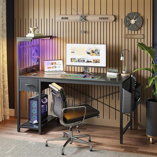 TIQLAB Gaming Desk 40 inch with Power Outlet and LED Light, Computer Desk with Reversible Shelves and Storage Drawer, Small PC Desk for Home Office Table with Bag, Carbon Fiber Black