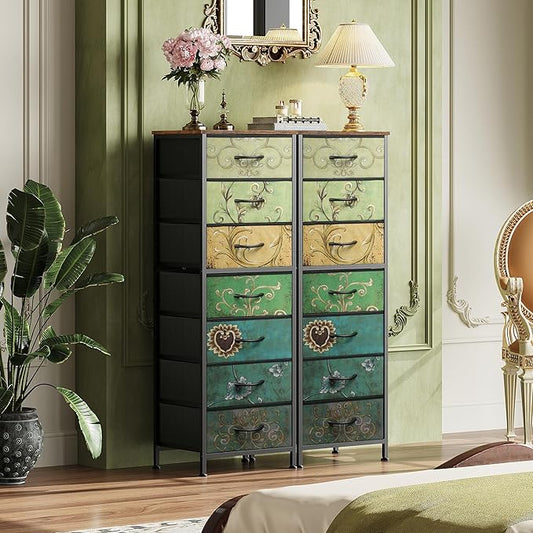 WLIVE Tall Dresser for Bedroom, 7 Drawer Dressers & Chests of Drawers, Fabric Dresser for Closet, Living Room, Night Stand with Metal Frame, Storage Tower with Fabric Bins, Wood Top, Floral Painted
