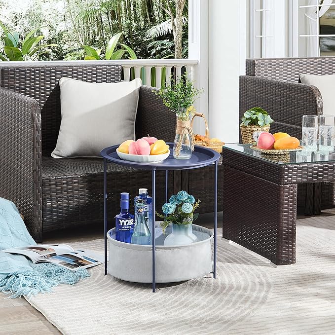 VECELO Round Side/End Table with Fabric Storage Basket,Metal Anti-Rust and Waterproof Small Bedside Nightstand with Removable Tray Top for Living Room,Balcony & Laundry,Blue /1pcs with Basket