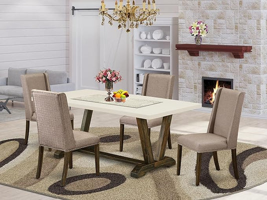 East West Furniture V727FL716-5 5 Piece Dining Room Furniture Set Includes a Rectangle Dining Table with V-Legs and 4 Dark Khaki Linen Fabric Upholstered Chairs, 40x72 Inch, Multi-Color