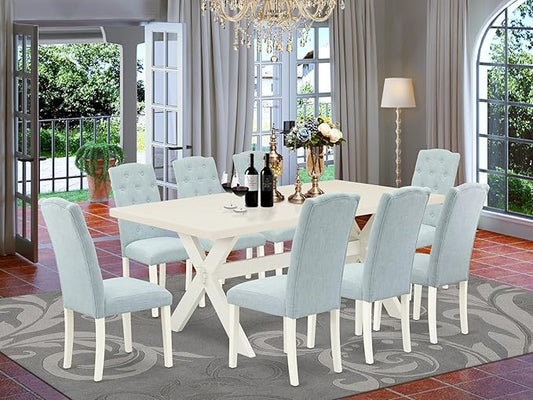 East West Furniture X027CE215-9 9 Piece Dining Table Set Includes a Rectangle Dining Room Table with X-Legs and 8 Baby Blue Linen Fabric Upholstered Parson Chairs, 40x72 Inch, Multi-Color