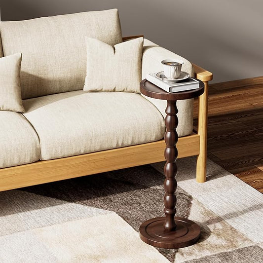Solid Wood Drink Table, Rubber Wood Small Round Side Table for Small Spaces, Martini Tables, Pedestal End Tables for Living Room, Bedroom, Corners, and Office (Dark Walnut, 9.4 inch)