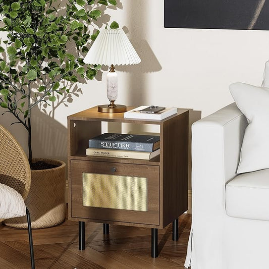 Rattan Nightstand with Storage Boho Modern Farmhouse Bedside Table with Drawer & Open Shelf Light Wood End Table for Bedroom, Living Room, Office, Dorm - Natural Walnut 0ak Color