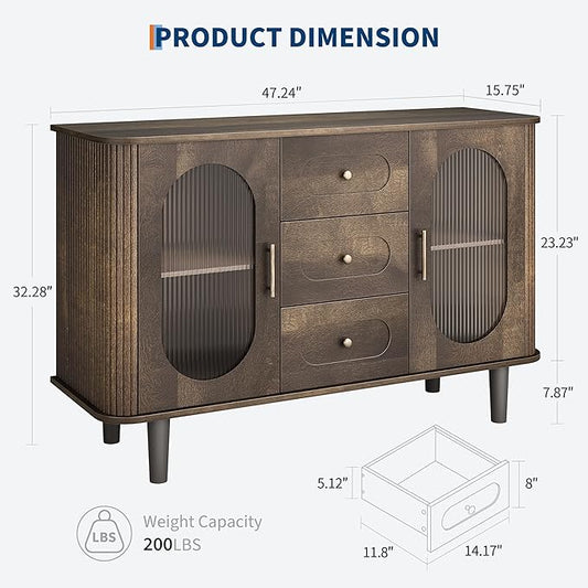 GarveeHome 47.2" Sideboard Buffet Cabinet with 2 Fluted Glass Doors & 3 Drawers, Modern Farmhouse Accent Coffee Bar with Adjustable Shelves for Kitchen, Living Room, Hallway, Walnut
