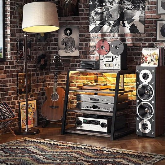 Armocity 4-Tier AV Media Stand with Power Strips, Stereo Stand with LED Lights, Rack Audio Tower with Adjustable Shelves, Small Entertainment Center, 30'', Grey Oak