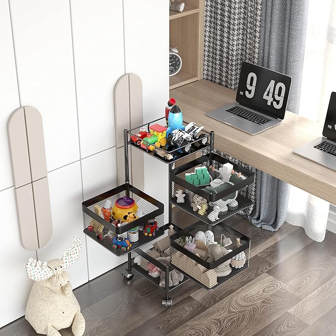 Rotating Kitchen Storage Rack,Bathroom Shelf,Kitchen Organization and Storage,Bathroom Storage Organizer,Fruit Basket,Rolling Carts with Wheels(Black, 4 Tier-Square)