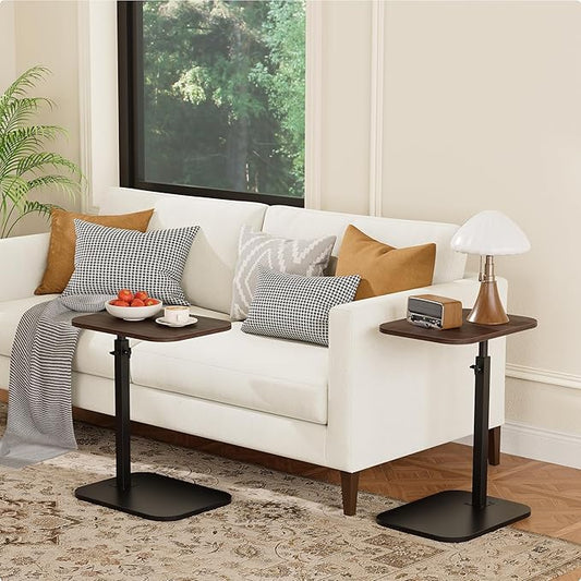C Shaped End Table for Couch, Adjustable Height Couch Side Table, Horizontal 360°Swivel Small TV Tray Table Couch Side Tables That Slide Under (Walnut)